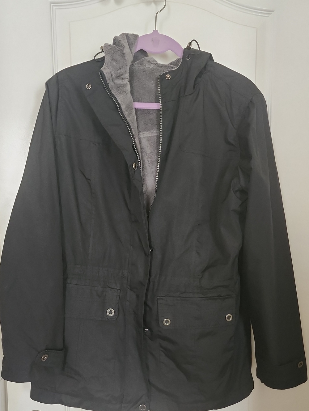 Black Women's Hooded Parka Jacket - Soft Lined Reversible